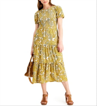 Vestido midi com babados paisley feminino Michael Kors, amarelo, tamanho médio