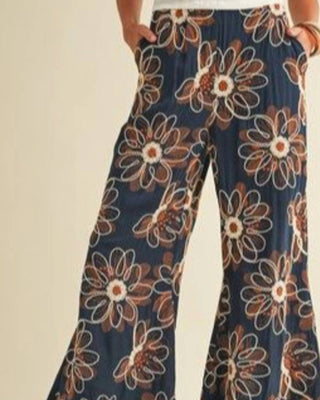 Anniewear - Floral Embroidery Wide Palazzo Pant