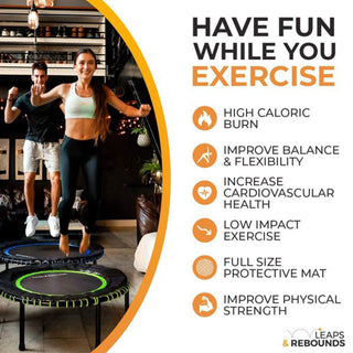 LEAPS & REBOUNDS Mini trampolim fitness de 48 polegadas e rebounder com elástico de segurança, equipamento de ginástica para exercícios cardiovasculares e exercícios – Verde