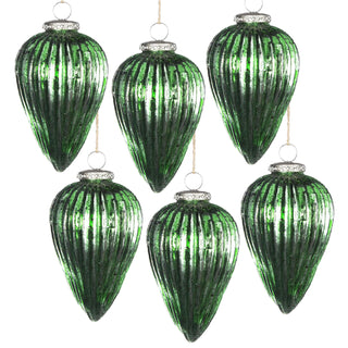 Set of 6-Green Ribbed Mercury Glass Teardrop Ornament – 5.5"