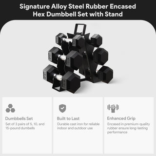 Conjunto de halteres sextavados com revestimento de borracha e liga de aço BalanceFrom Fitness Signature, preto