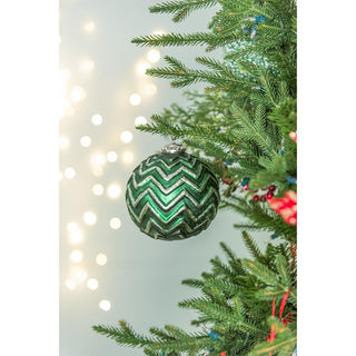 Set of 4-Green Textured Chevron Glass Christmas Ornaments