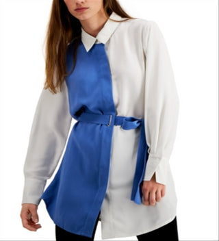 Blusa feminina Alfani de manga comprida com botões, azul, tamanho grande