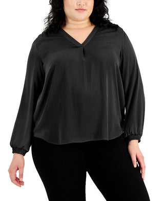 Blusa feminina Alfani com decote em V alto e baixo, preta, tamanho 3X