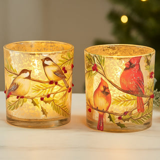 Mercury Glass Votive Candle Holder with Bird and Berry Branch (Set of 6)