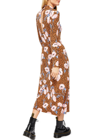 Vestido feminino retrô com estampa mista e romance, marrom, tamanho grande