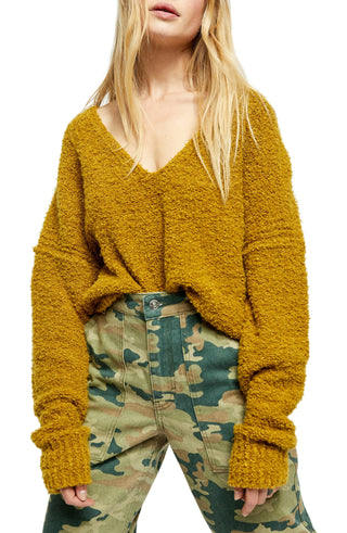 Suéter feminino Free People Finder Keepers com decote em V, verde, tamanho pequeno