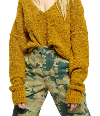 Suéter feminino Free People Finder Keepers com decote em V, verde, tamanho pequeno