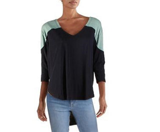 Blusa feminina Free People com manga 3/4 e decote redondo, azul, tamanho extragrande