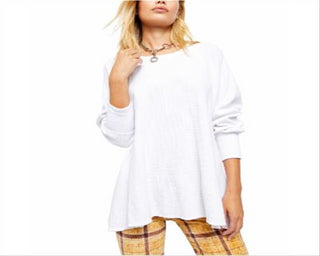 Blusa térmica feminina de malha waffle de algodão Amelia da Free People, branca, tamanho médio