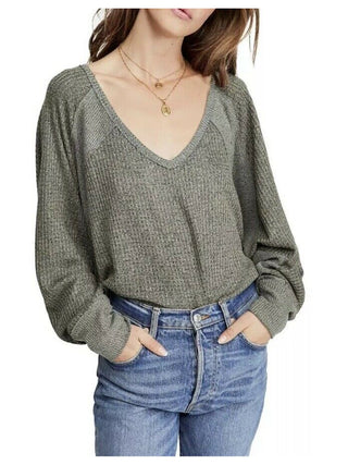 Blusa feminina de manga comprida com decote em V, verde, tamanho X-S