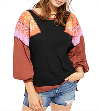 Camiseta feminina Feelin It Boho Patchwork da Free People, preta, tamanho X-S