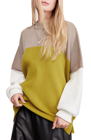 Suéter feminino de manga comprida com blocos de cores Free People, verde, tamanho grande