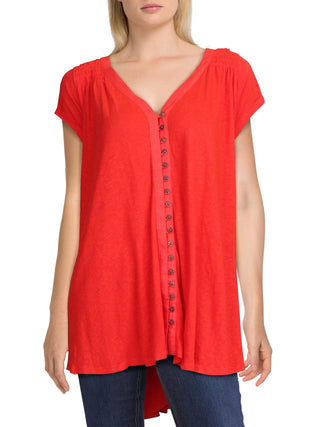 Blusa Peplum Feminina Manga Curta com Botões Free People Vermelha Tamanho P