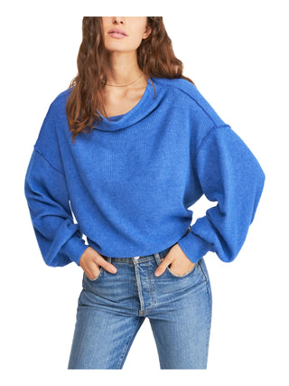 Blusa feminina de manga comprida mesclada e gola redonda, azul, tamanho pequeno
