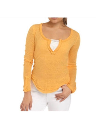Blusa feminina de manga comprida com decote em V, laranja, tamanho pequeno, Free People