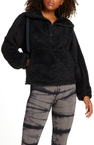 Pulôver feminino de pele sintética com gola alta e zíper 1/4, preto, tamanho grande, da Free People