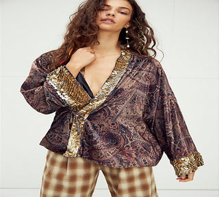 Kimono Layla Embelezado Lavado Top Marrom Tamanho Pequeno para Mulheres da Free People