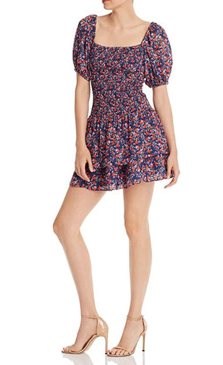 Vestido curto feminino Parker Floral, manga curta, gola quadrada, ajuste flare, azul, tamanho grande
