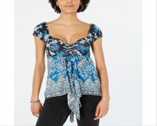 Blusa de malha feminina Free People La Bamba Babydoll com amarração frontal azul tamanho XS