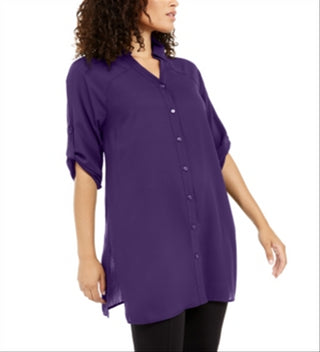 Camisa túnica imperial feminina Alfani com botões, azul escuro, tamanho grande