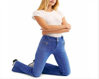 Calça jeans feminina com zíper e bolsos Free People, azul, tamanho 30