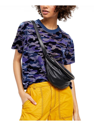 Camiseta feminina camuflada de manga curta e gola redonda Free People, azul, tamanho médio
