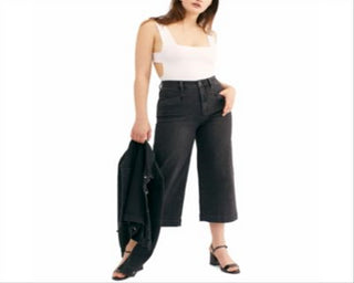 Calça jeans cropped feminina Free People com cadarço, preta, tamanho 31