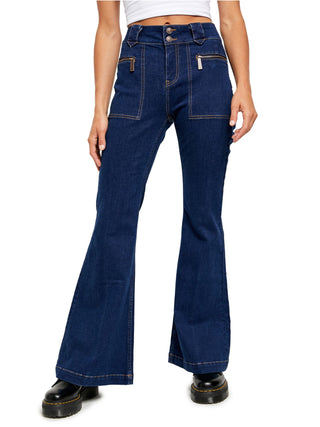Calça jeans flare unissex Free People, cintura azul, tamanho 29