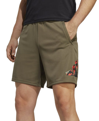 Shorts de treino masculino adidas Train Essentials Seasonal Camo com logotipo preenchido, verde, tamanho médio