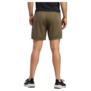 Shorts de treino masculino adidas Train Essentials Seasonal Camo com logotipo preenchido, verde, tamanho médio