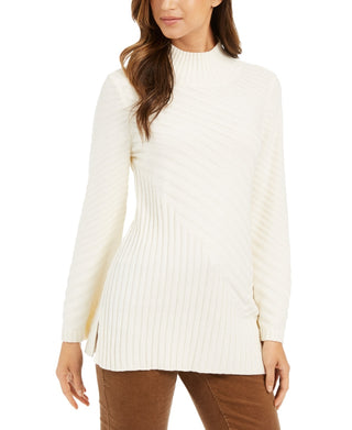 Suéter feminino Charter Club com gola alta e costura mista, tamanho médio, branco