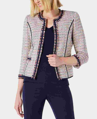 Jaqueta feminina Anne Klein com franjas em sarja, branca, tamanho 6