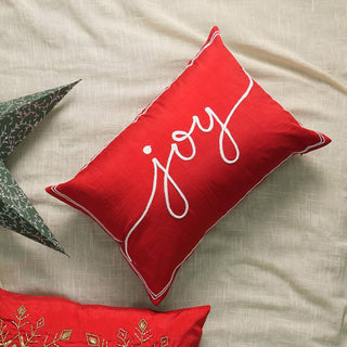 Red ‘Joy’ Embroidered Holiday Lumbar Pillow – 24x16"