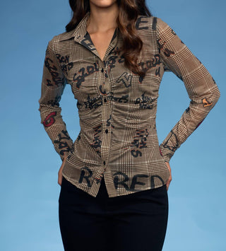 Oolala - Plaid/numbers Rouched Mesh Shirt