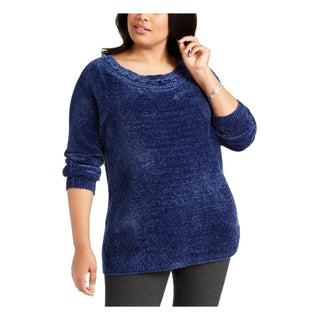 Karen Scott Suéter Feminino Gola Canoa Chenille Azul Tamanho 1X