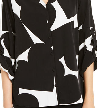 Camisa feminina Alfani com estampa de coração e manga franzida, preta, tamanho pequeno