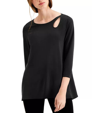 Blusa feminina Alfani com decote em forma de fechadura e manga 3/4, preta, tamanho extra grande