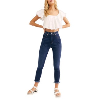 Leggings jeans femininas Free People com cintura alta e bainha crua, tamanho azul-marinho, 2/8