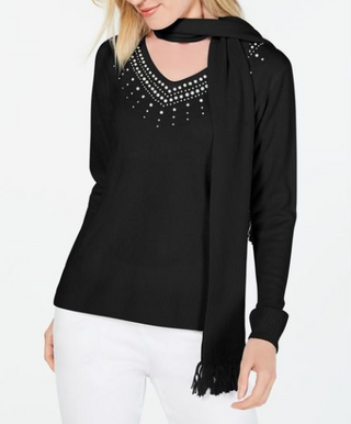 Karen Scott Suéter Feminino com Cachecol Enfeitado Preto Tamanho Médio