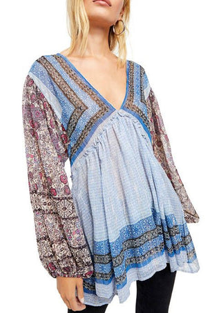 Túnica Aliyah estampada feminina Free People, azul, tamanho X-S