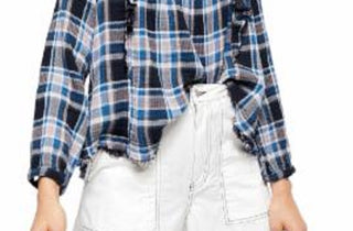 Blusa feminina Free People com babados, recortes franzidos, manga comprida, gola quadrada, azul, tamanho grande