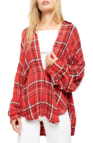 Camisa feminina Free People Hidden Valley com botões, vermelha escarlate, tamanho extrapequeno