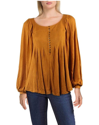 Blusa de malha canelada Devin feminina da Free People com mangas Henley, laranja, tamanho X-S