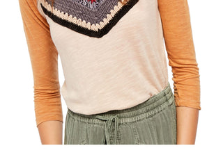 Blusa feminina Free People com decote redondo e manga 3/4, de malha frontal, tamanho médio, marrom