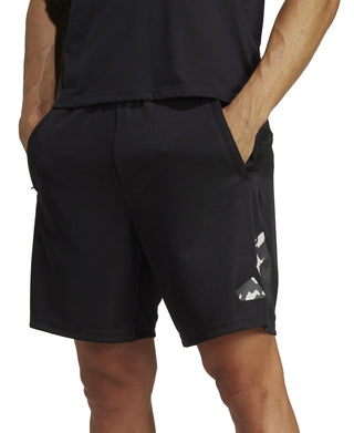 Shorts de treino adidas masculino Train Essentials Seasonal Camo com logotipo preenchido, preto, tamanho pequeno