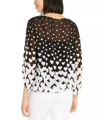 Blusa feminina Alfani com estampa de coração e manga anjo, preta, tamanho pequeno