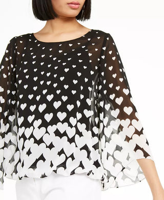 Blusa feminina Alfani com estampa de coração e manga anjo, preta, tamanho pequeno