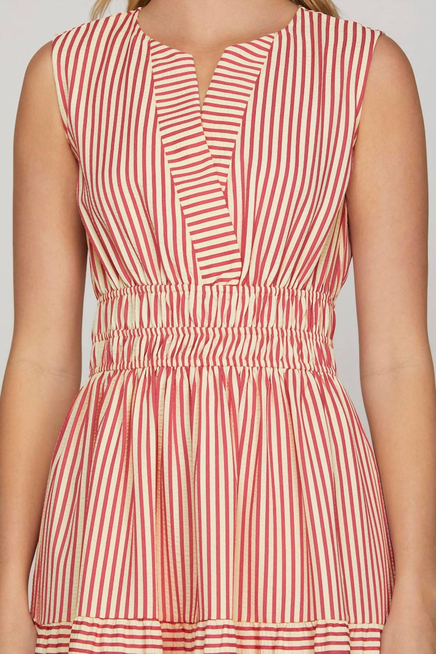 She + Sky - Striped Split Neck Sleeveless Midi Dress