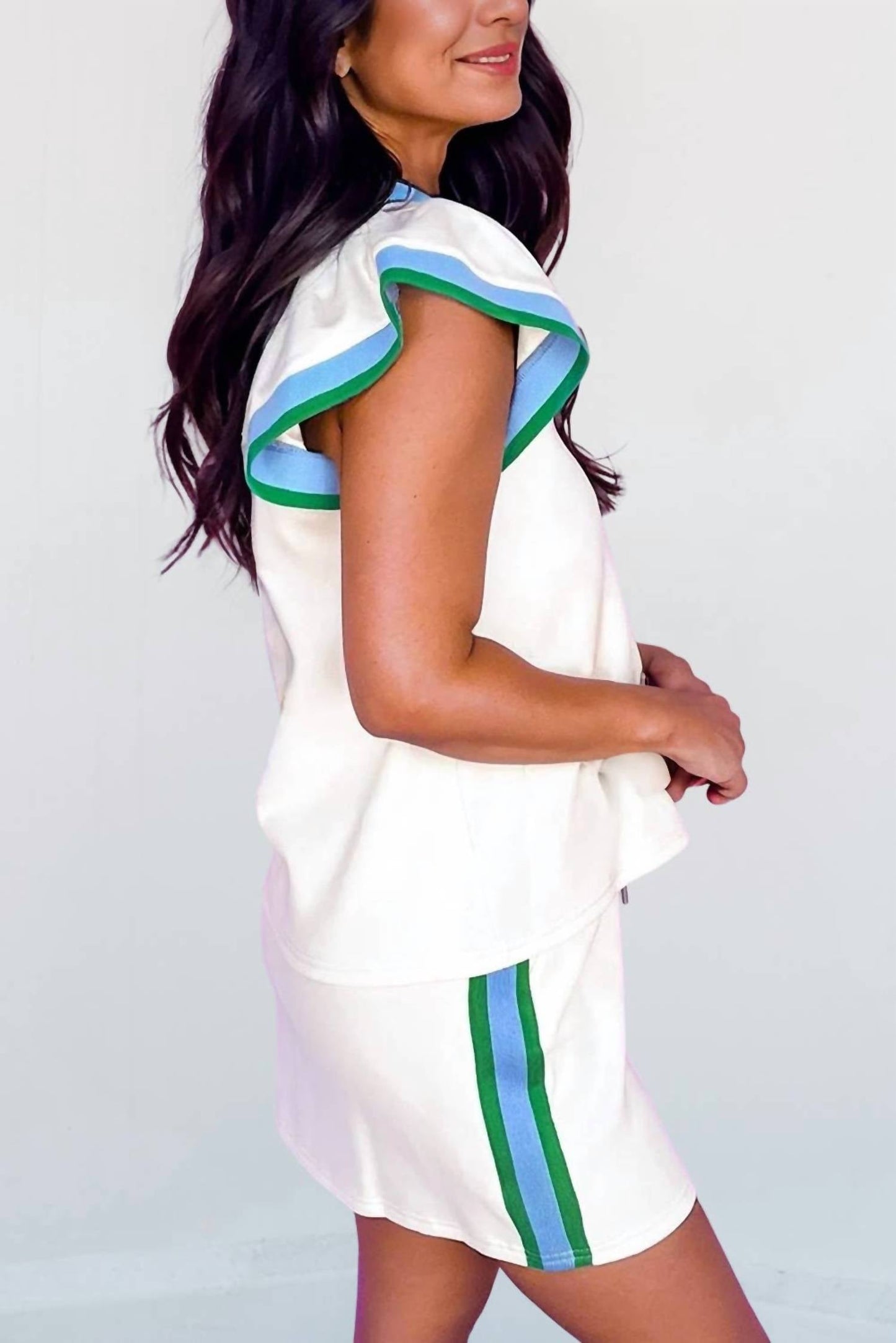 Aapparella - Colorblock Cap Sleeve Collared Top Two Piece Skirt Set